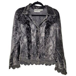 Vintage Flashback Womens Gray velvet crochet trim sequin button up jacket Medium